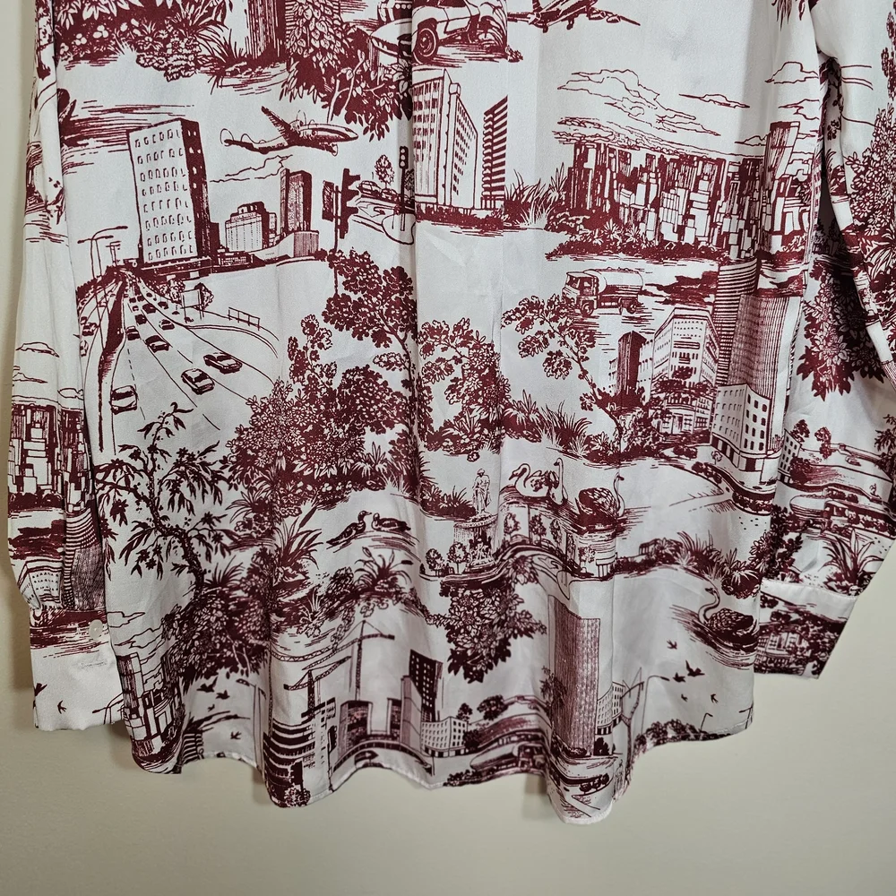 Zara Women’s White Red Toile Scenic Print Button-Down Blouse Size M Chic Classic - Picture 5 of 11